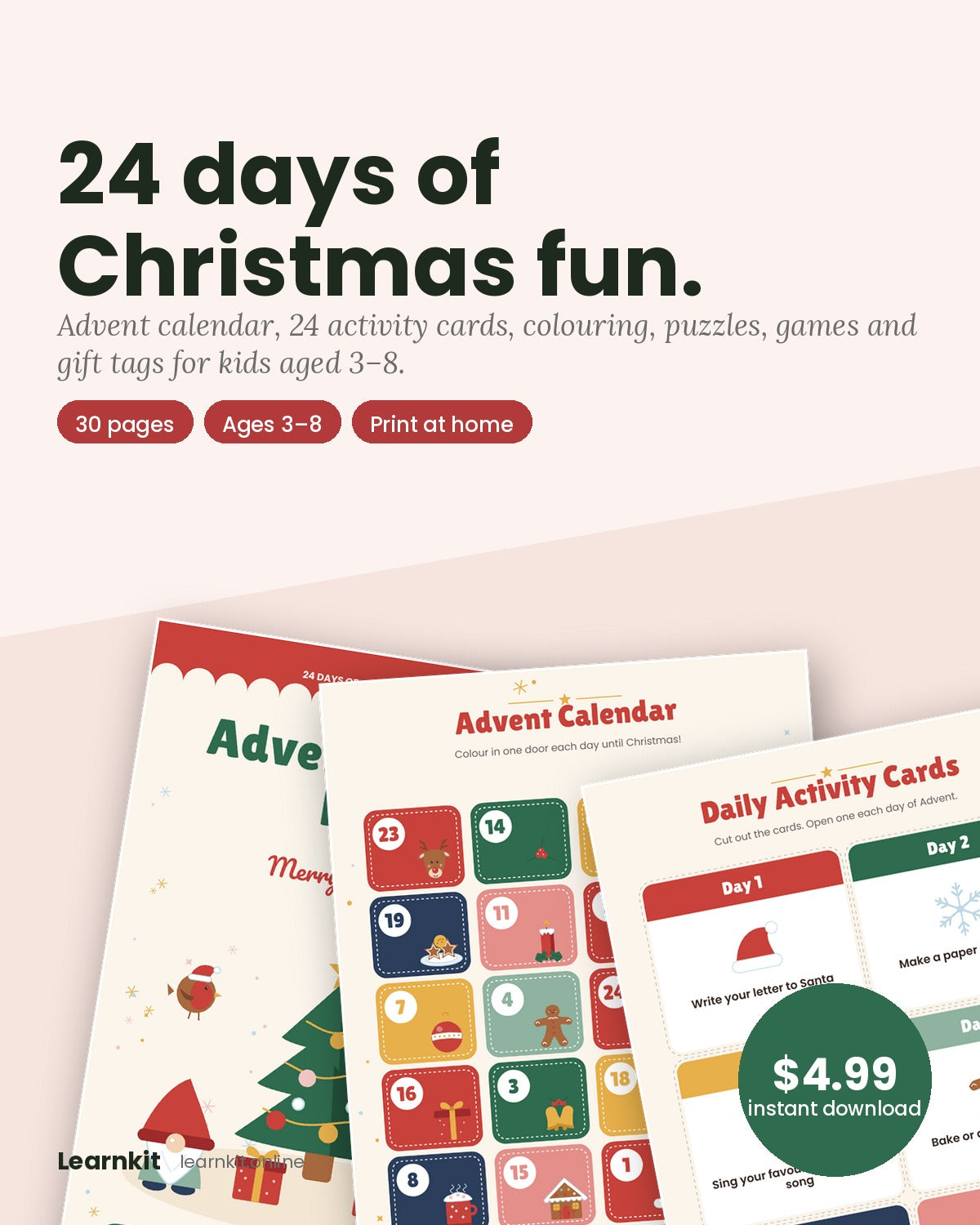 Advent Activity Pack — 24 Days of Christmas Fun for Kids (Printable PDF)