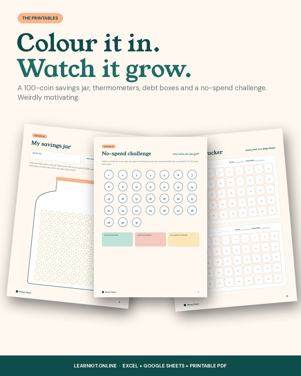 Money Diary Budget Planner: Smart Excel & Google Sheets Spreadsheet + Colour-In Printables