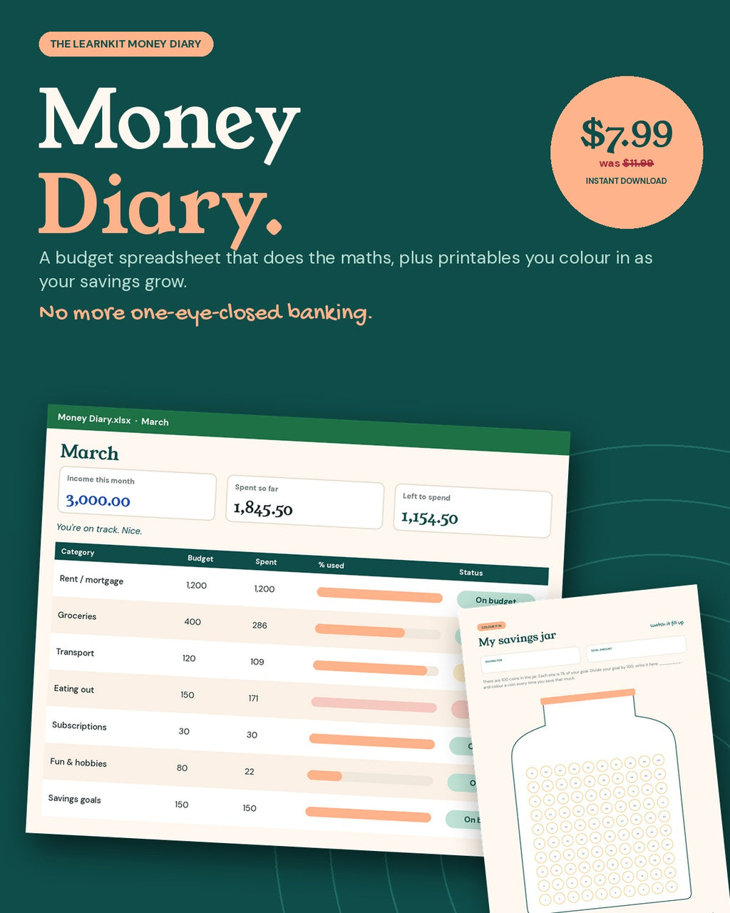 Money Diary Budget Planner: Smart Excel & Google Sheets Spreadsheet + Colour-In Printables