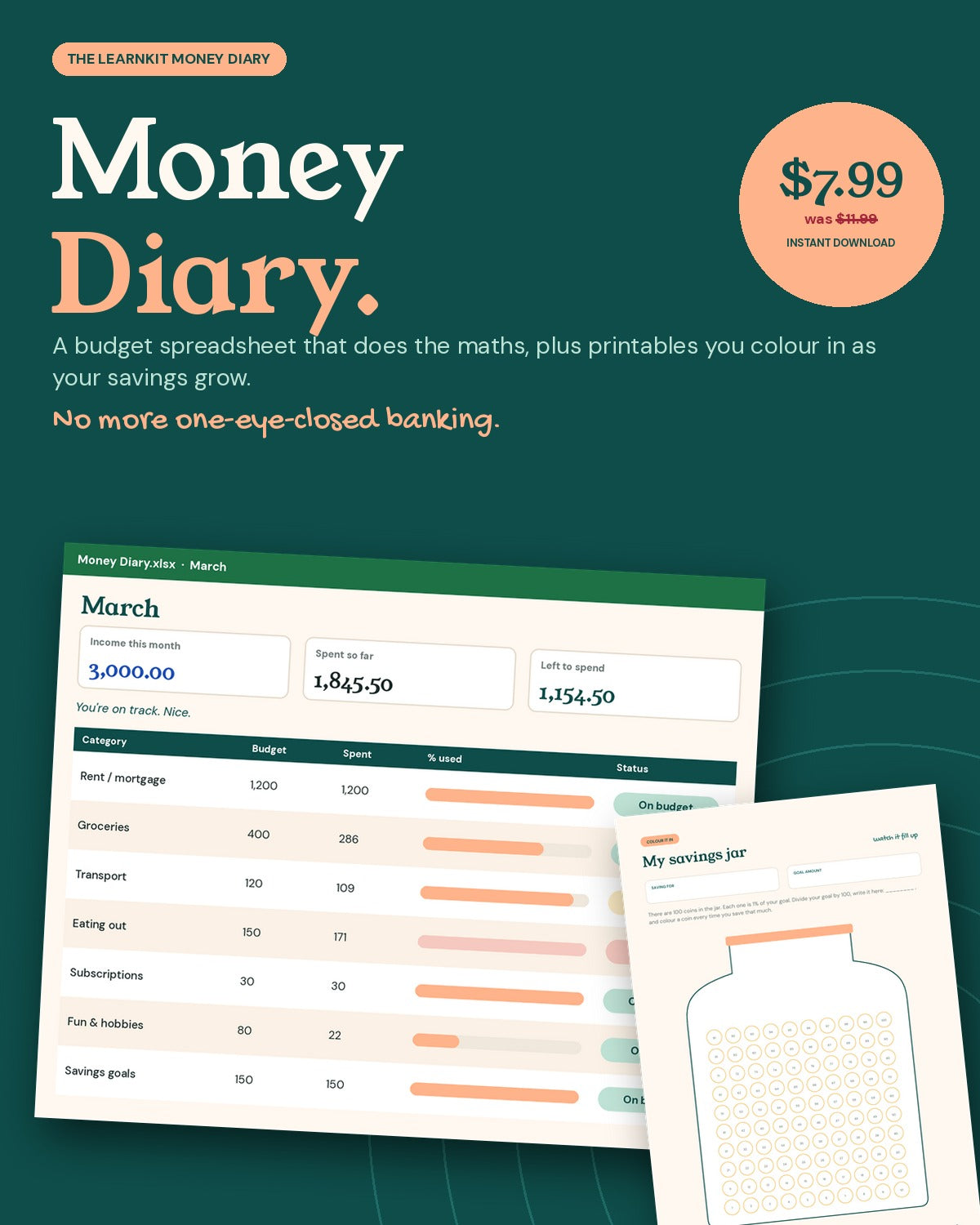 Money Diary Budget Planner: Smart Excel & Google Sheets Spreadsheet + Colour-In Printables