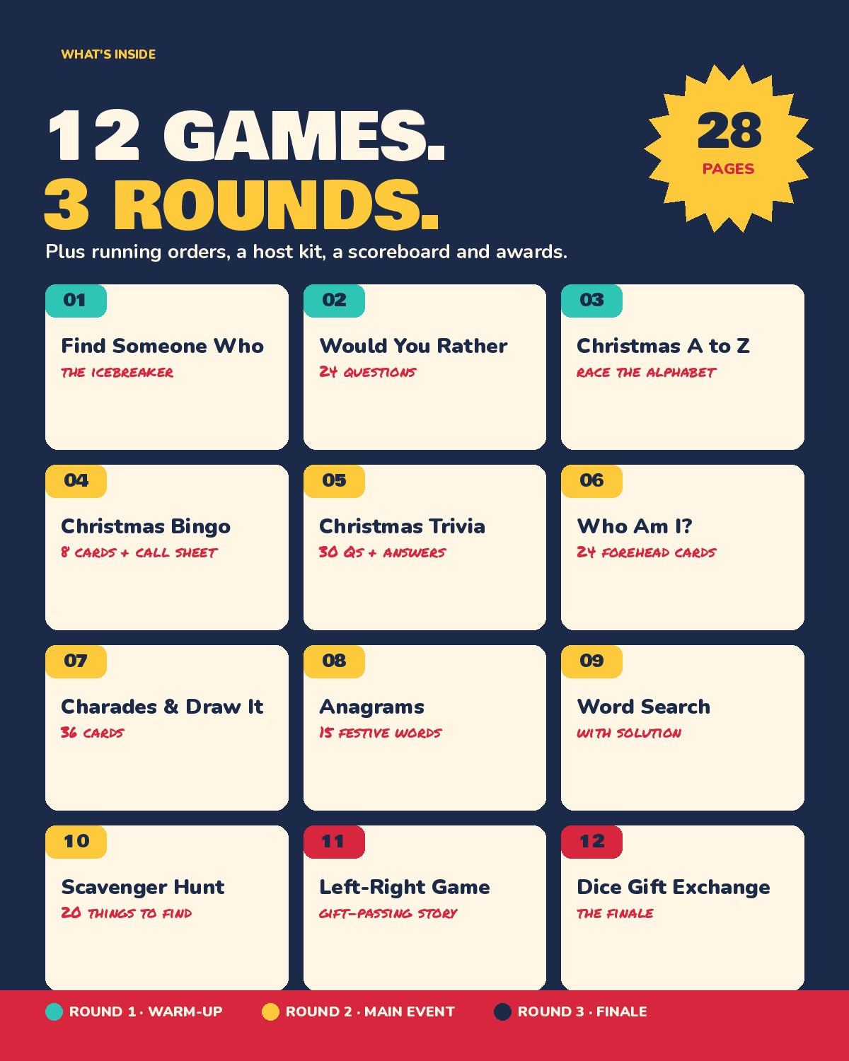 Christmas Game Night: 12 Printable Party Games + Host Kit (A4 + US Letter)