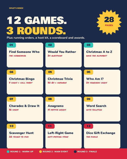 Christmas Game Night: 12 Printable Party Games + Host Kit (A4 + US Letter)