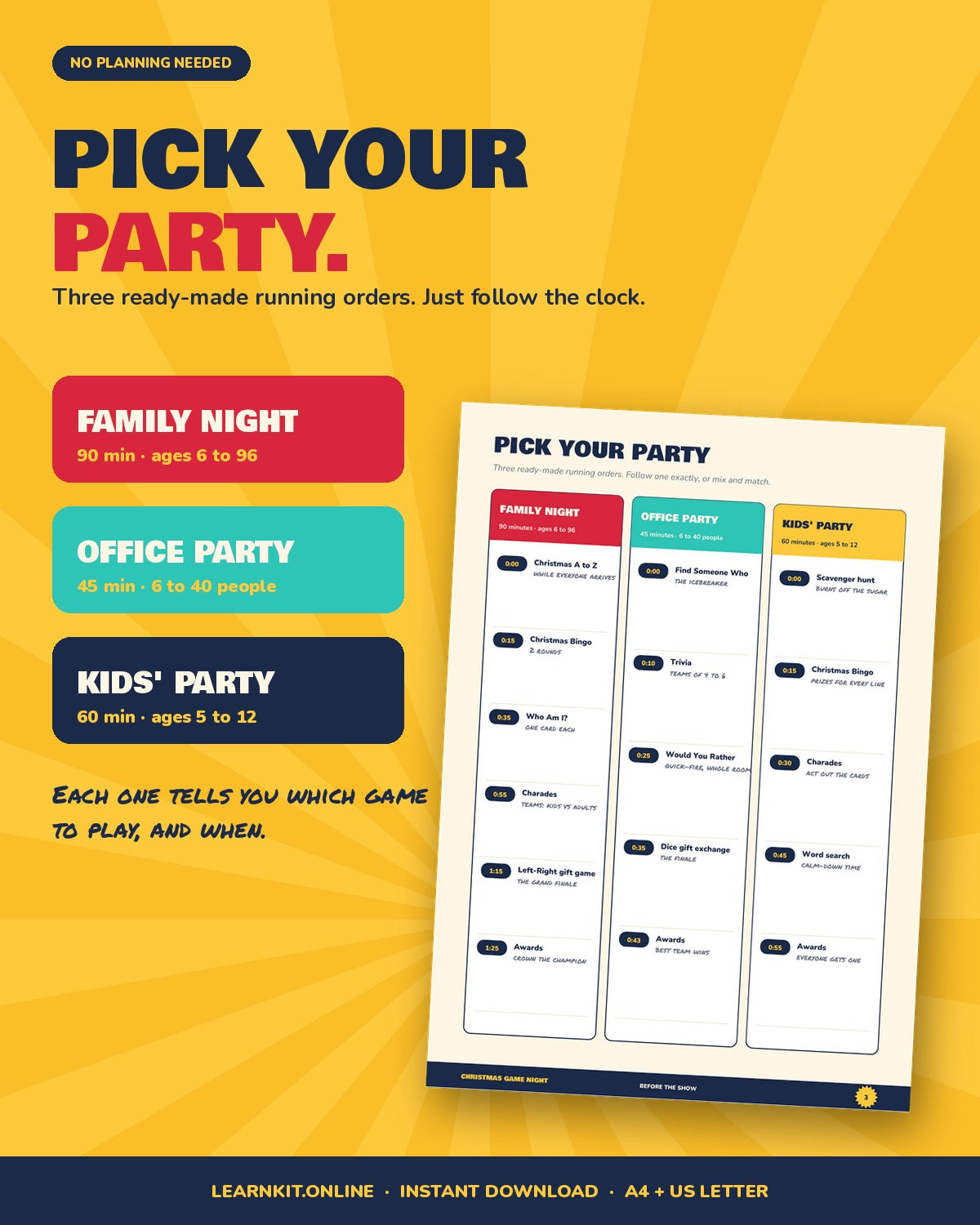 Christmas Game Night: 12 Printable Party Games + Host Kit (A4 + US Letter)