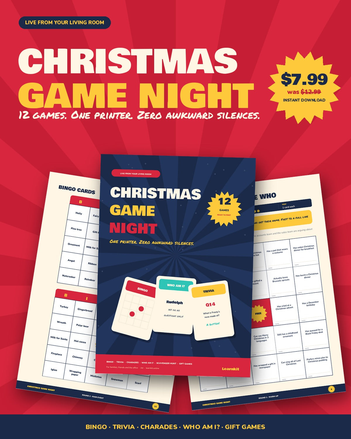 Christmas Game Night: 12 Printable Party Games + Host Kit (A4 + US Letter)