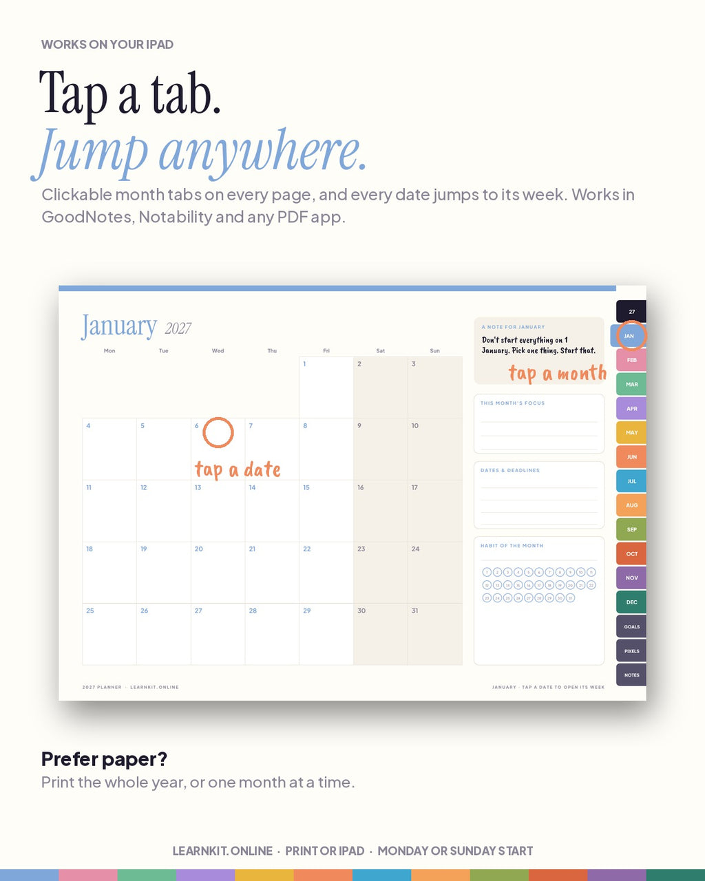 2027 Planner: Landscape Weekly & Monthly, Printable + Hyperlinked for iPad (A4 + US Letter)