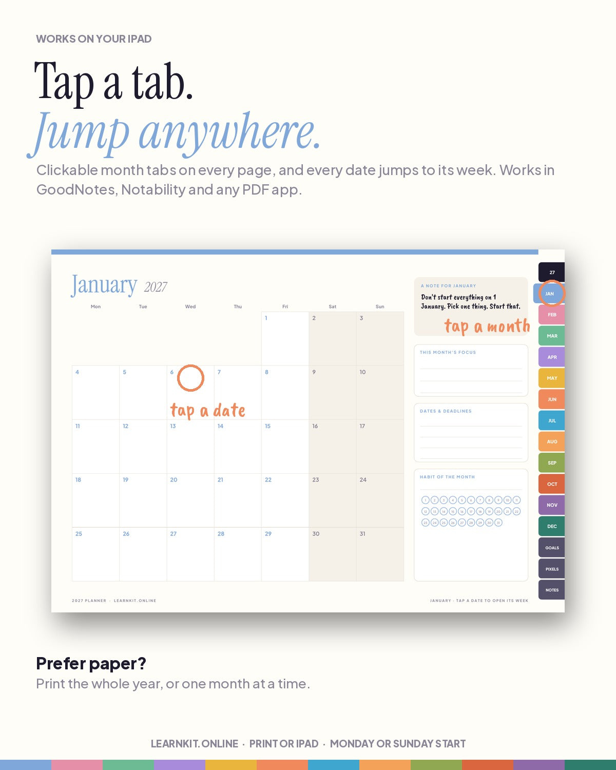 2027 Planner: Landscape Weekly & Monthly, Printable + Hyperlinked for iPad (A4 + US Letter)
