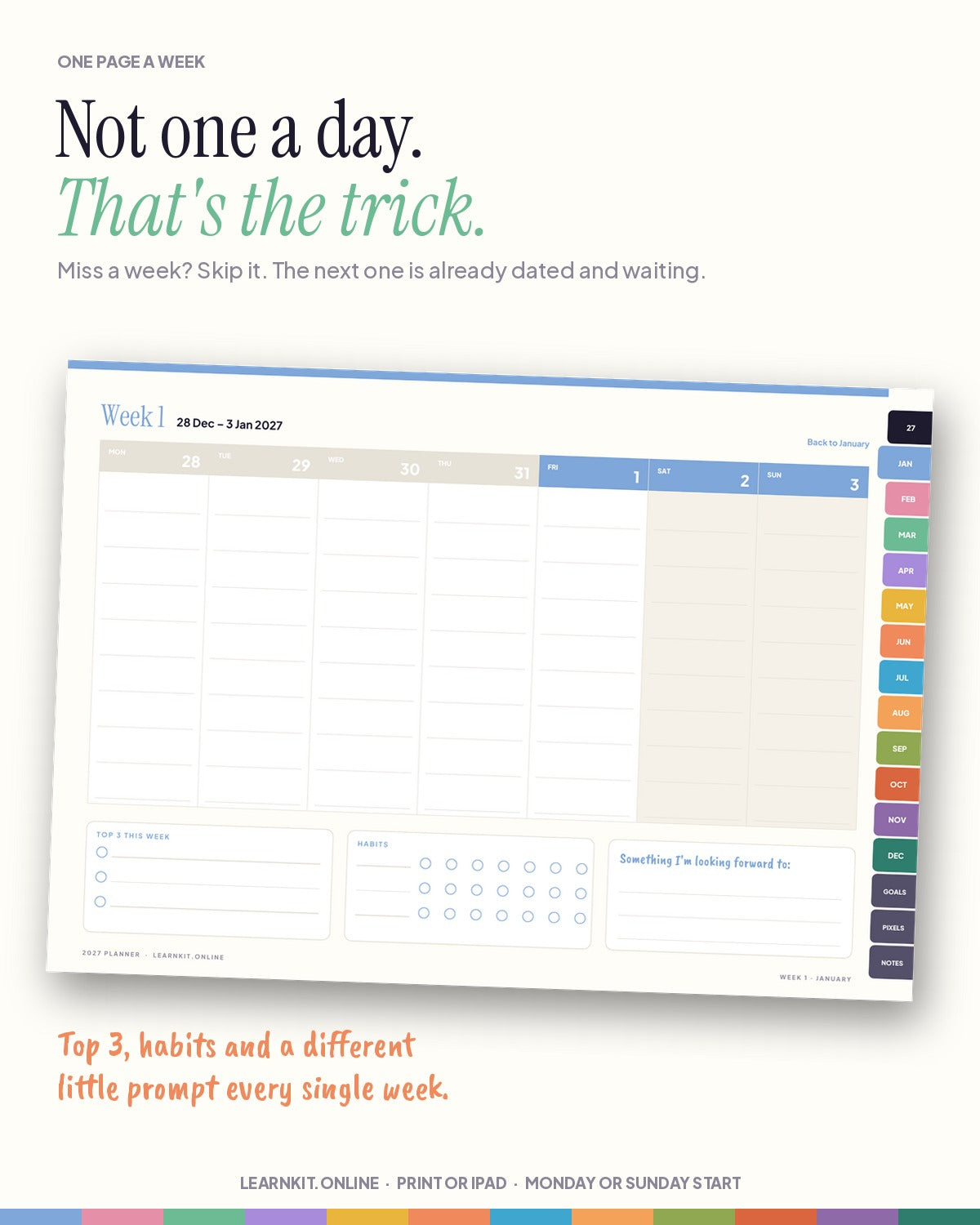 2027 Planner: Landscape Weekly & Monthly, Printable + Hyperlinked for iPad (A4 + US Letter)