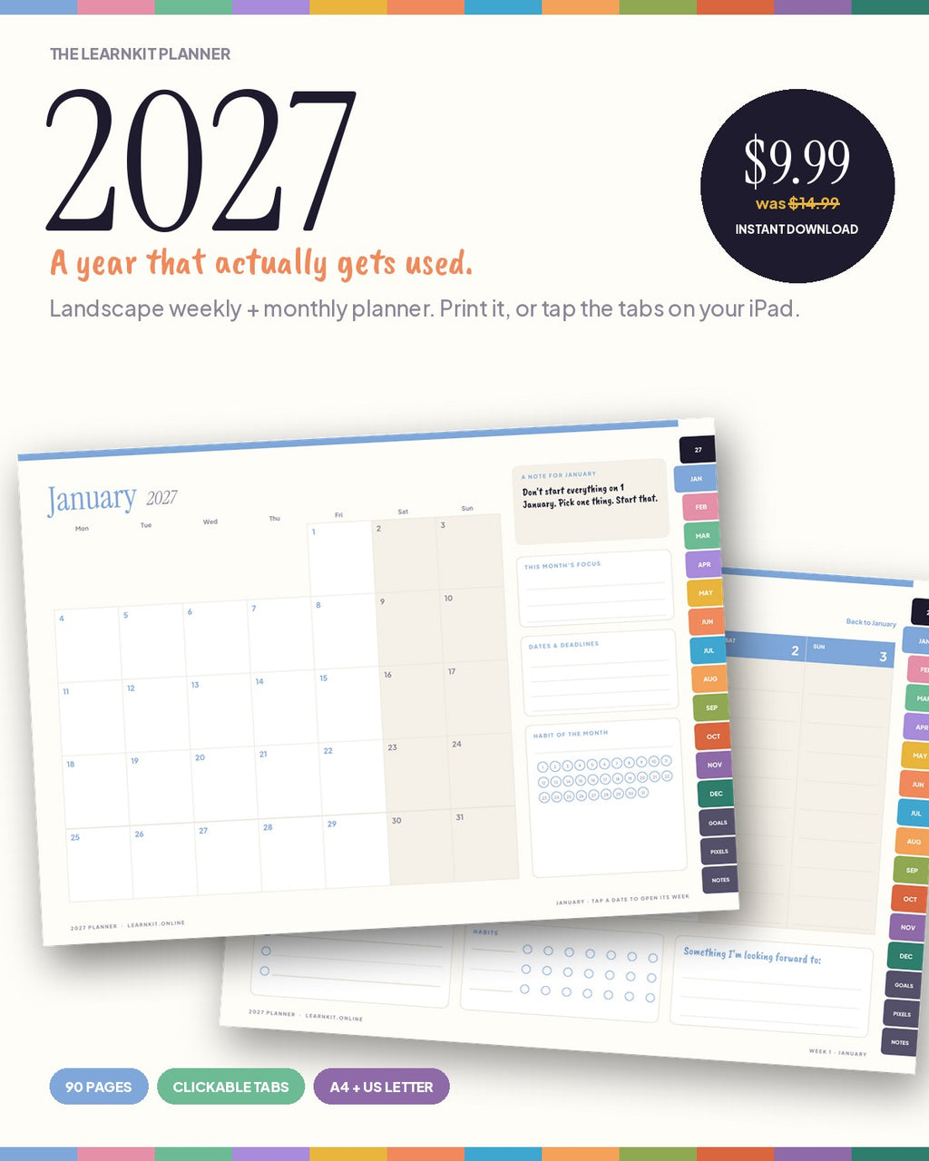 2027 Planner: Landscape Weekly & Monthly, Printable + Hyperlinked for iPad (A4 + US Letter)